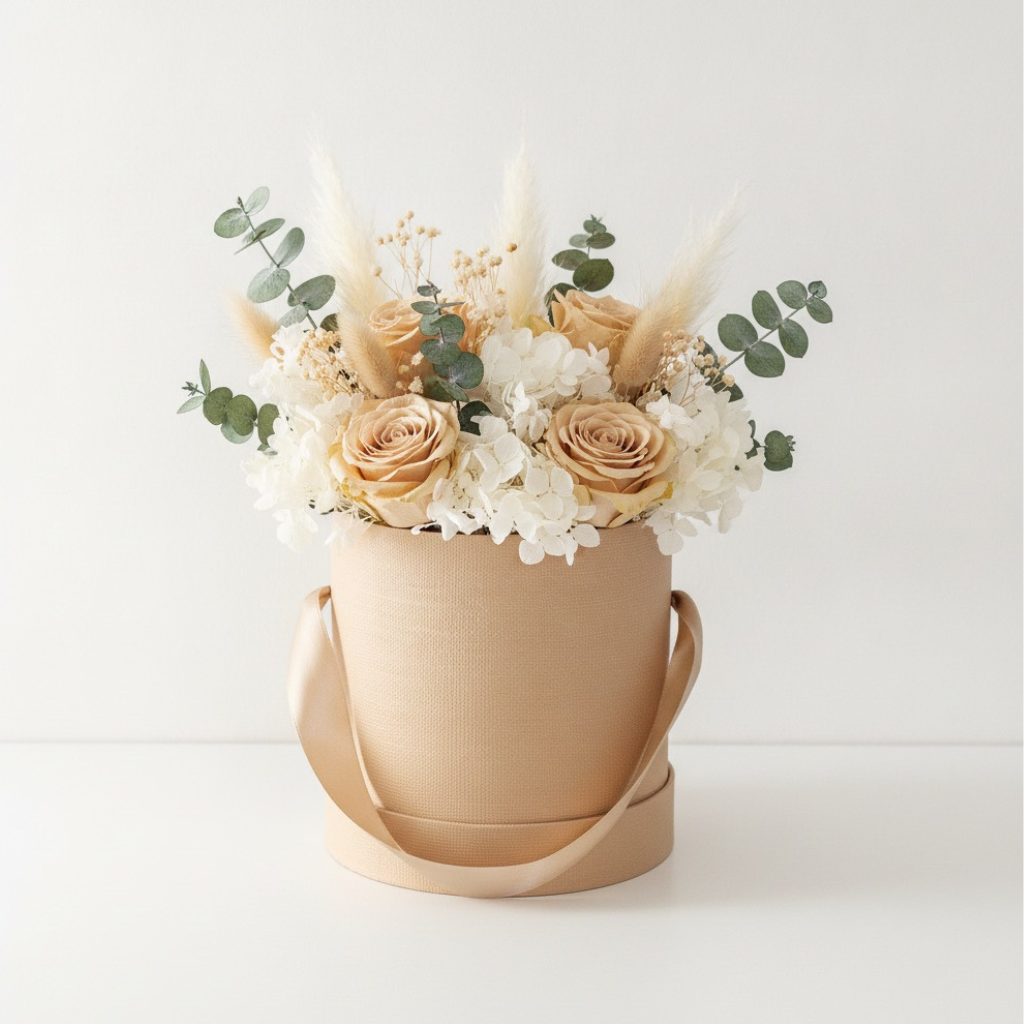 Kulatý přírodní flower box 12 × 12 cm se stuhou, pevným víčkem a vyjímatelnou plastovou vsuvkou